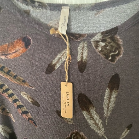 Jardin by Macris Tunic Sweater Dress S Feather Print Pockets Brown Flare Swing - Picture 3 of 8